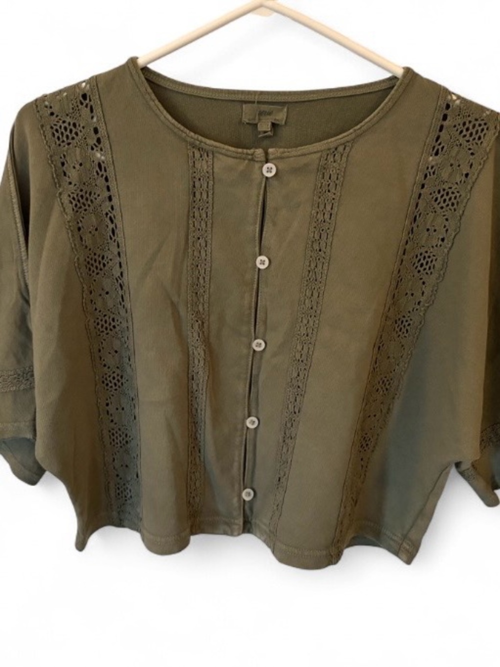 aerie Olive Green Crochet-Panel Button Front Top
